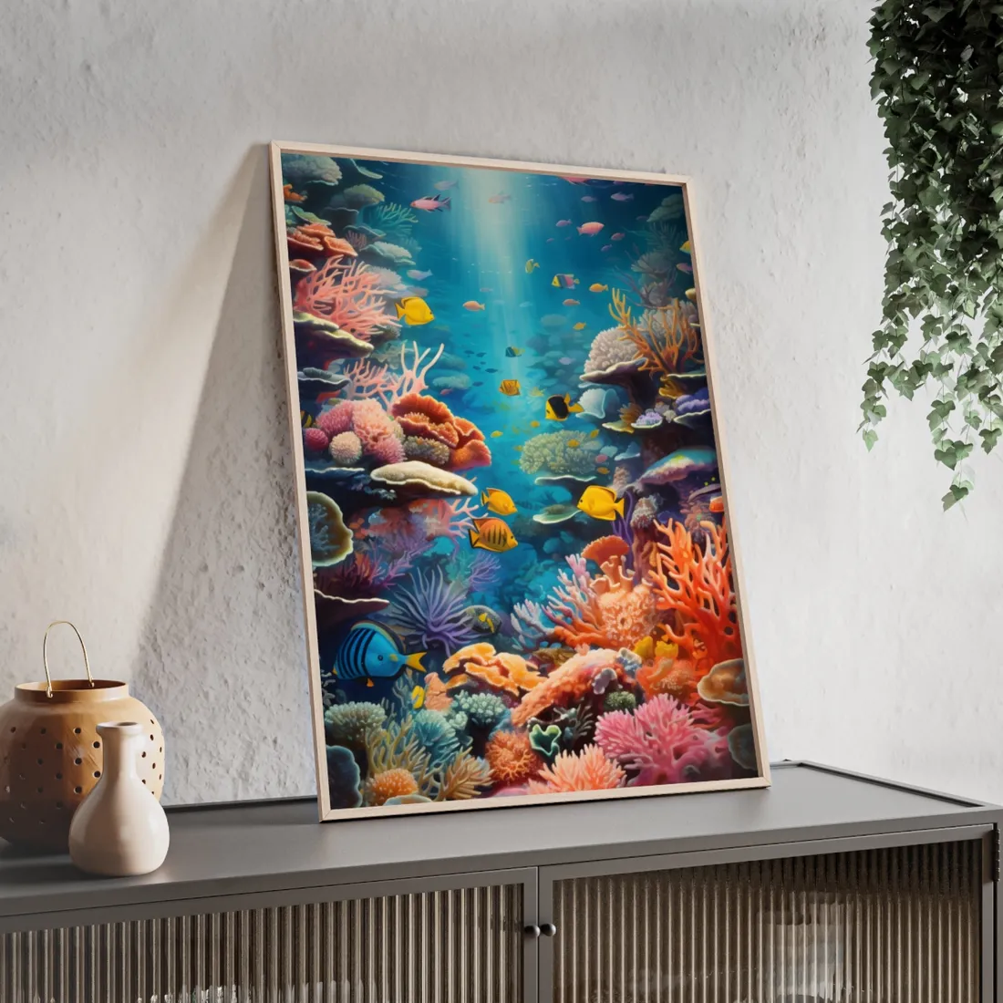 Vibrant Coral Reef Sanctuary: Marine Life Art - Framed Poster