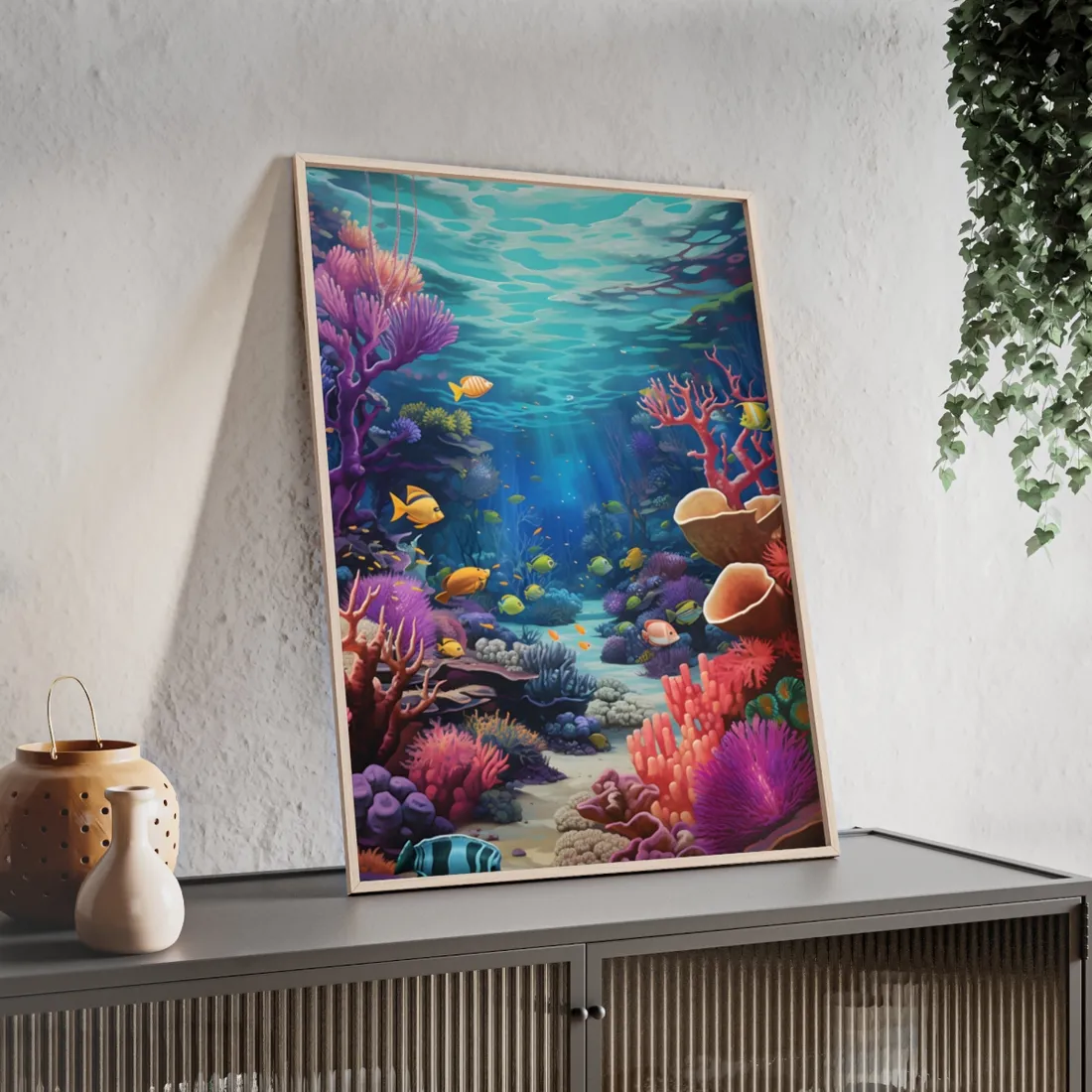 Vibrant Coral Reef Sanctuary: Teeming Ocean Life - Framed Poster
