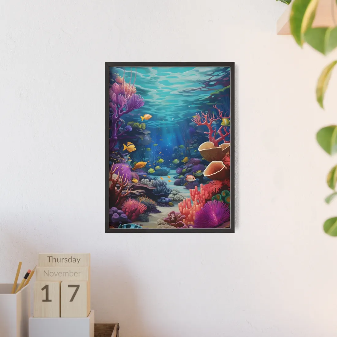 Vibrant Coral Reef Sanctuary: Teeming Ocean Life - Framed Poster