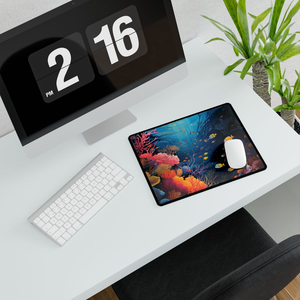 Colorful coral reef with striped and yellow fish beneath sunlit blue water – Desk Mat, room mockup, view 2