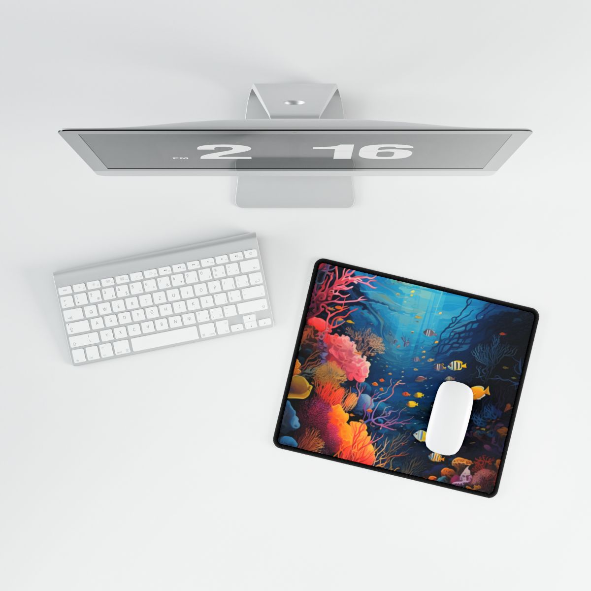 Colorful coral reef with striped and yellow fish beneath sunlit blue water – Desk Mat, room mockup, view 3