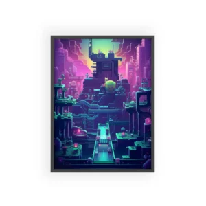 Neon Pixel Cityscape Framed Poster