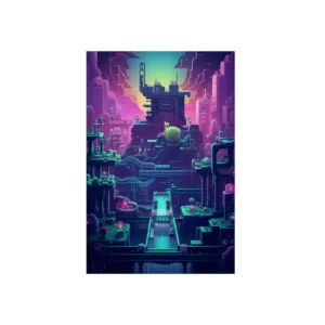 Neon Pixel Cityscape Metal Poster