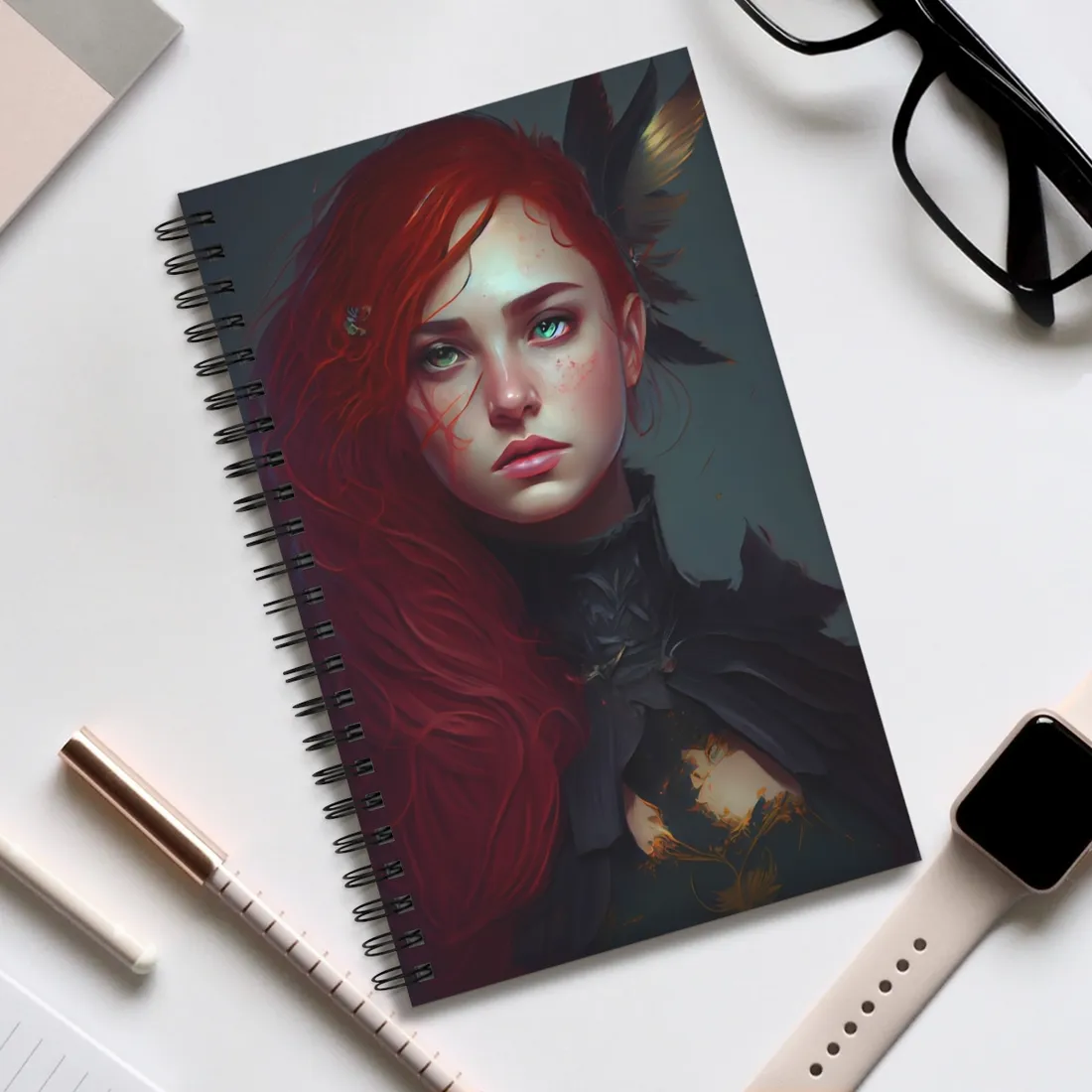 Vibrant Female Portrait: Red Hair Beauty in Neutral Dress - Spiral Notebook