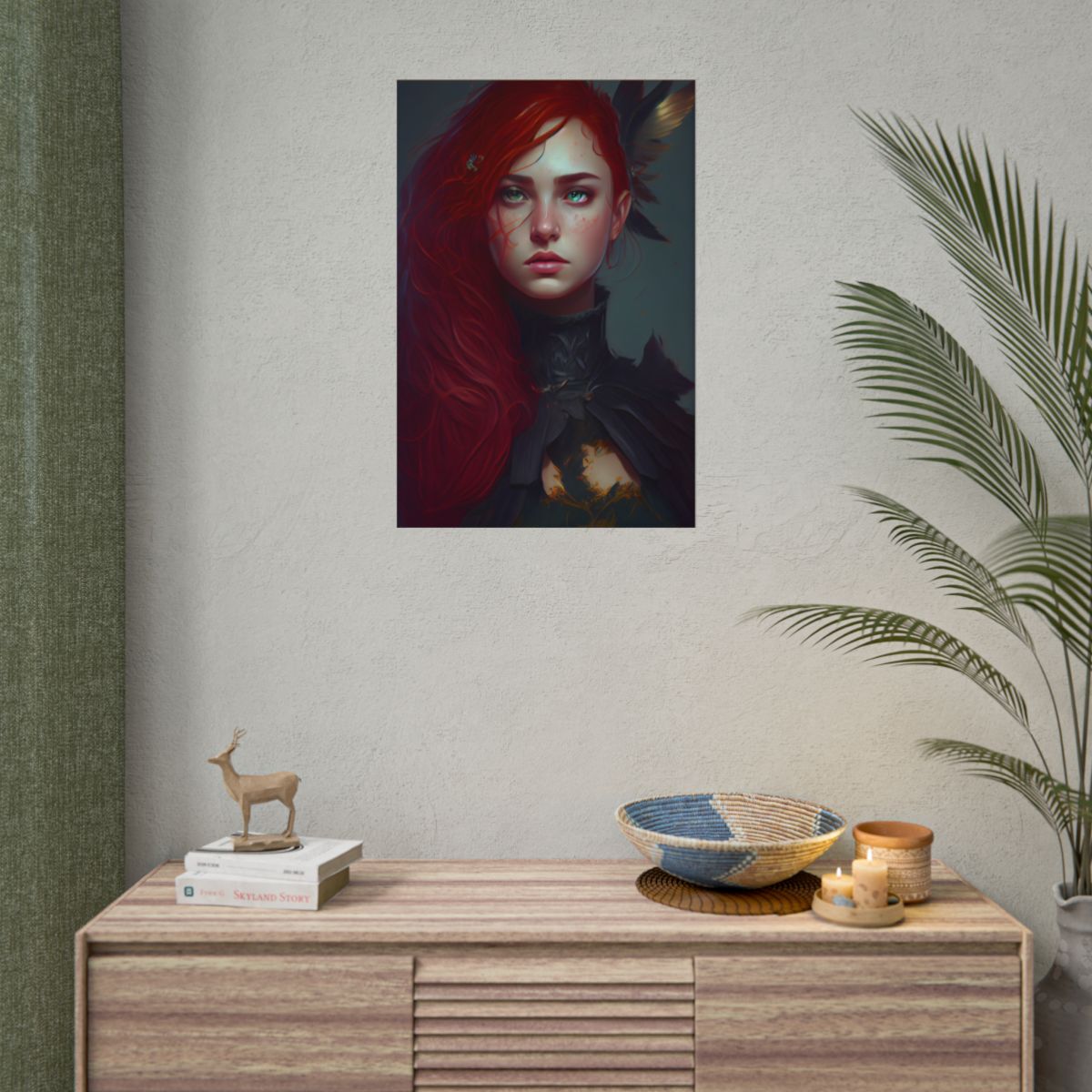 Vibrant Female Portrait: Red Hair Beauty in Neutral Dress - Poster