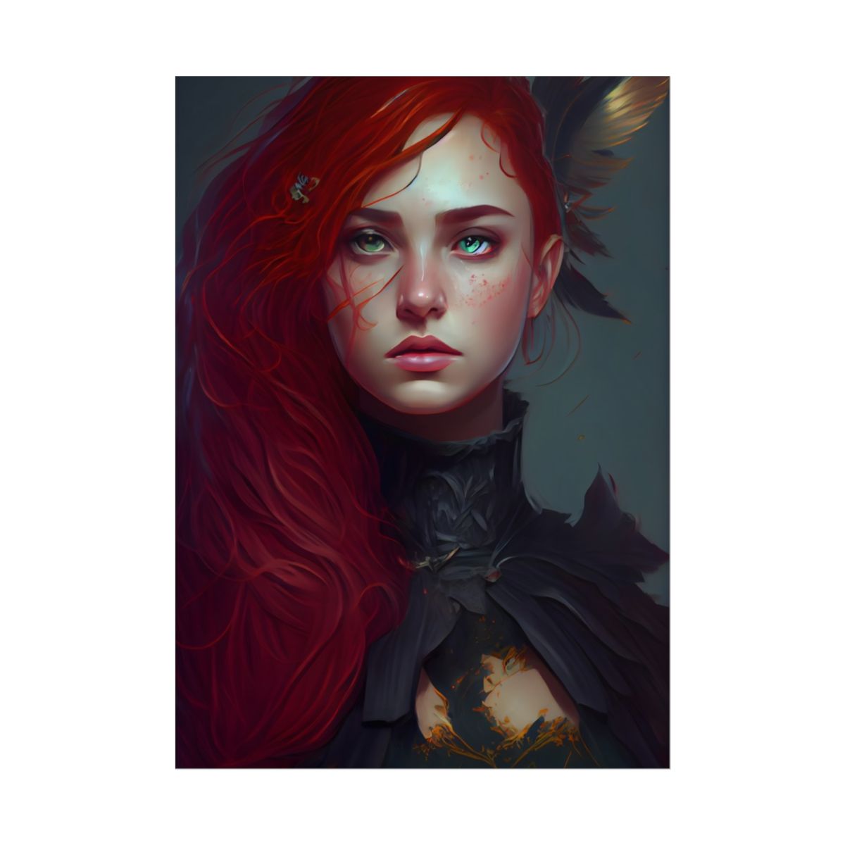 Vibrant Female Portrait: Red Hair Beauty in Neutral Dress - Poster