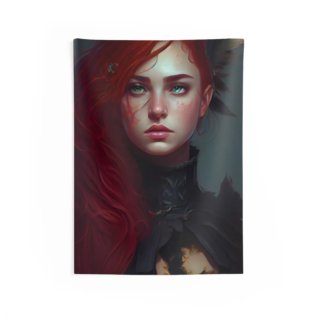 Vibrant Female Portrait: Red Hair Beauty in Neutral Dress - Wall Tapestry