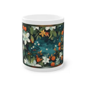 Dark Teal Citrus Pattern: Orange Fruits and White Blossoms Mug