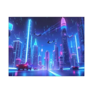 Neon Skyline with Flying Cars Canvas Print