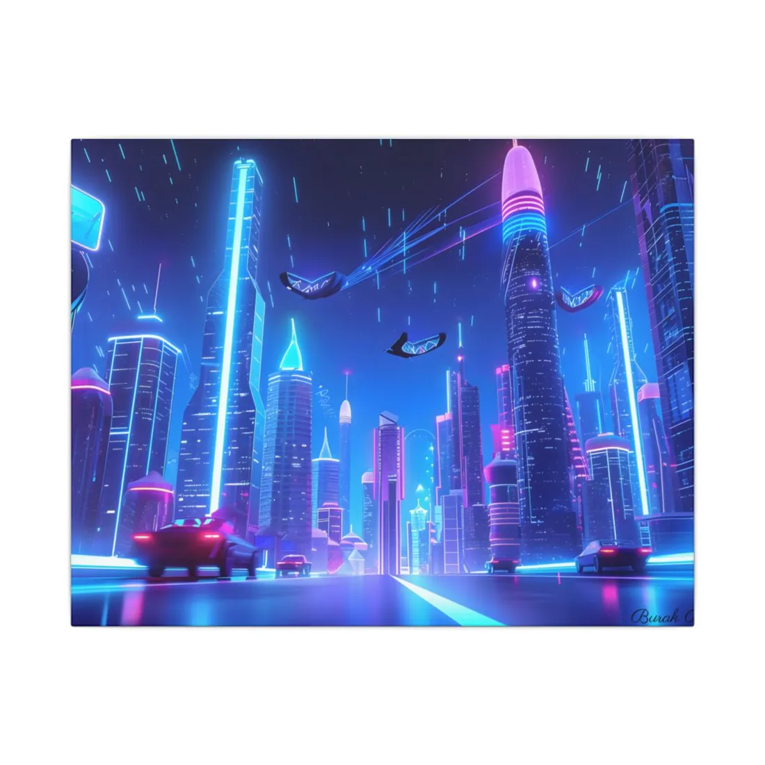 Vibrant Futuristic Cityscape: Neon Lights at Night - Canvas