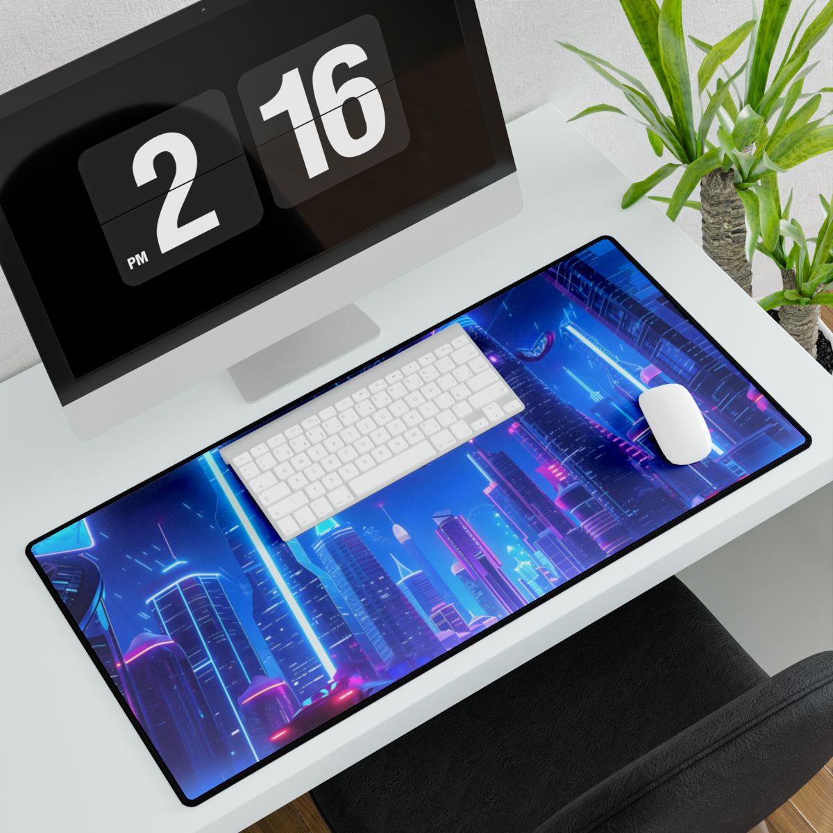 Vibrant Futuristic Cityscape: Neon Lights at Night Digital Artwork - Desk Mat