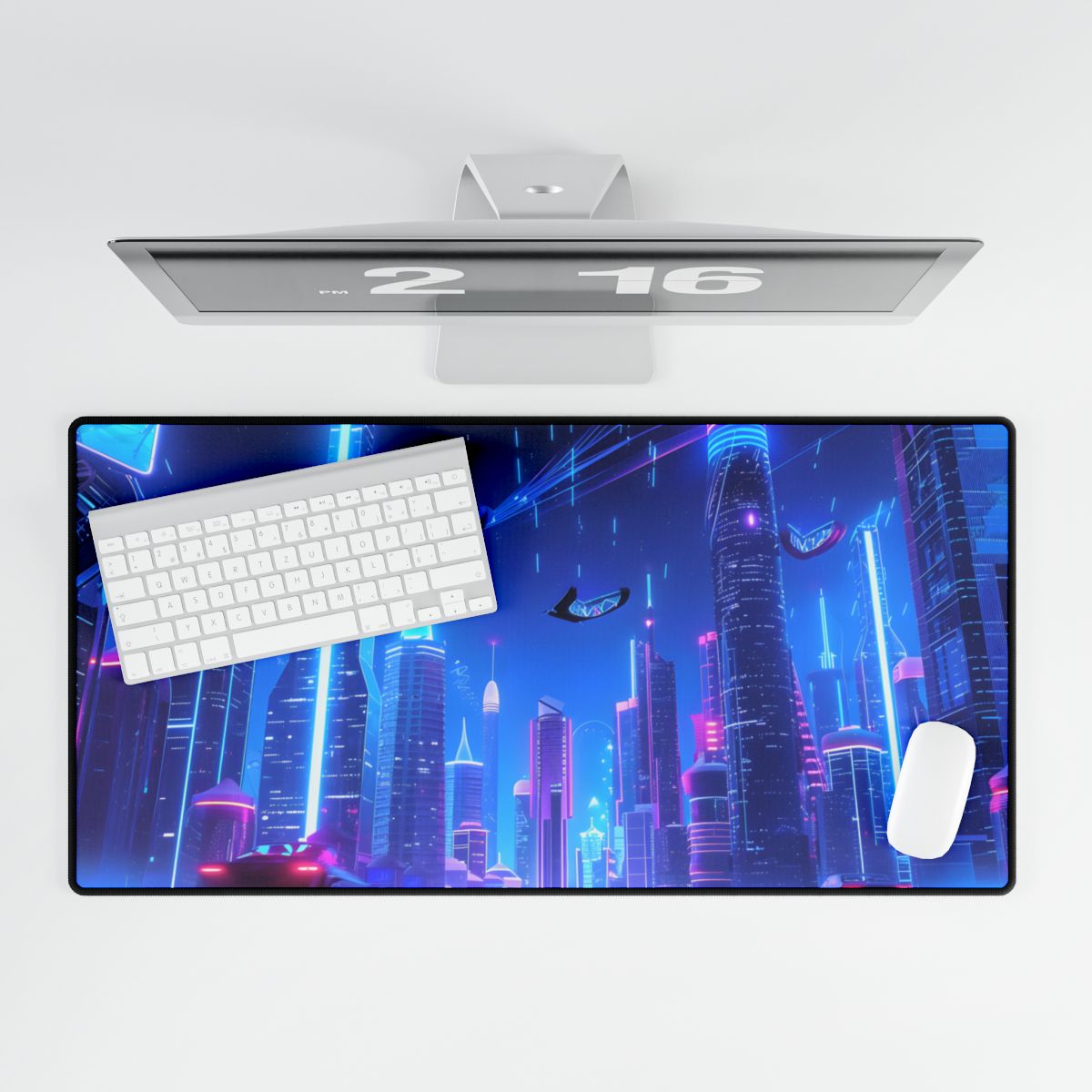Vibrant Futuristic Cityscape: Neon Lights at Night Digital Artwork - Desk Mat