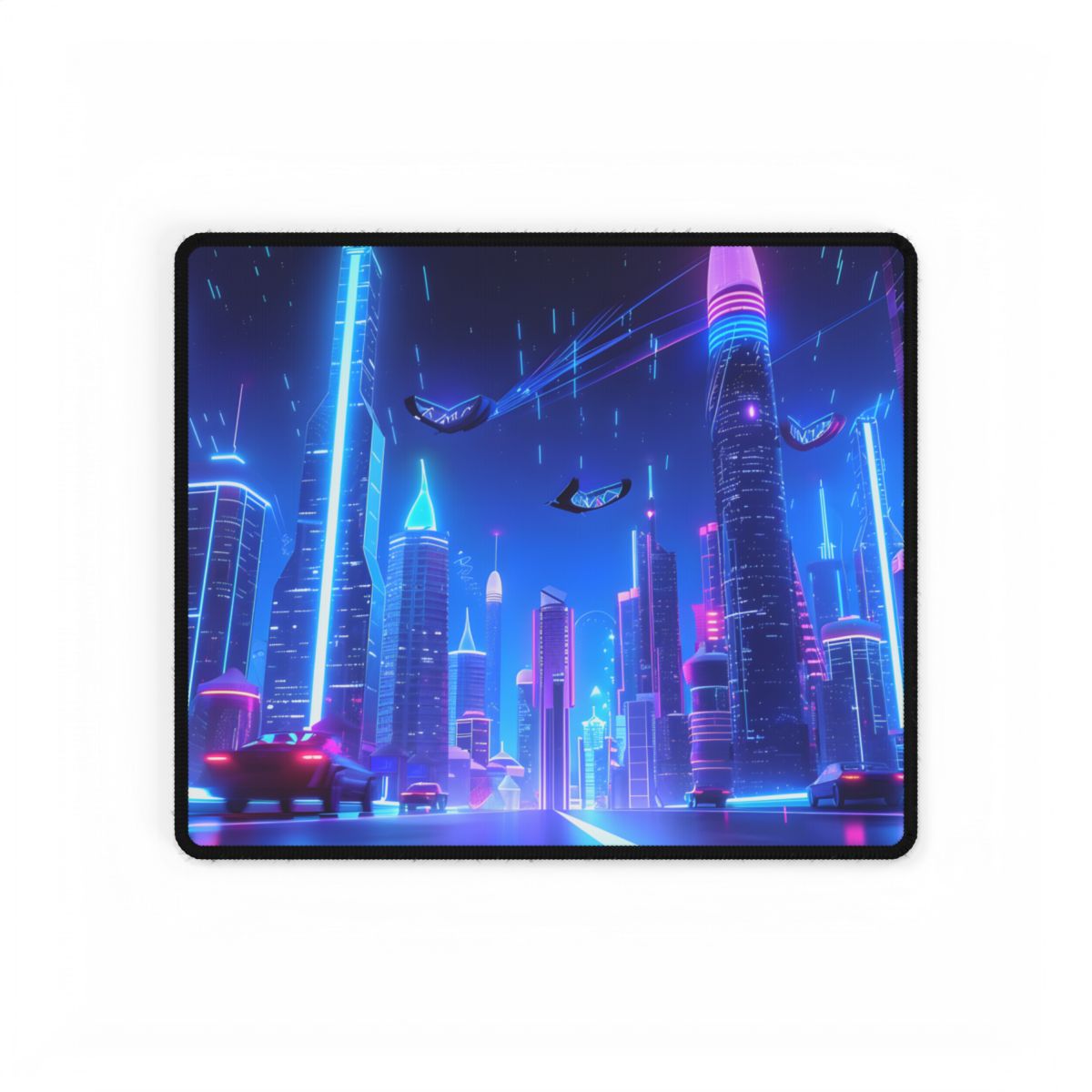 Vibrant Futuristic Cityscape: Neon Lights at Night Digital Artwork - Desk Mat