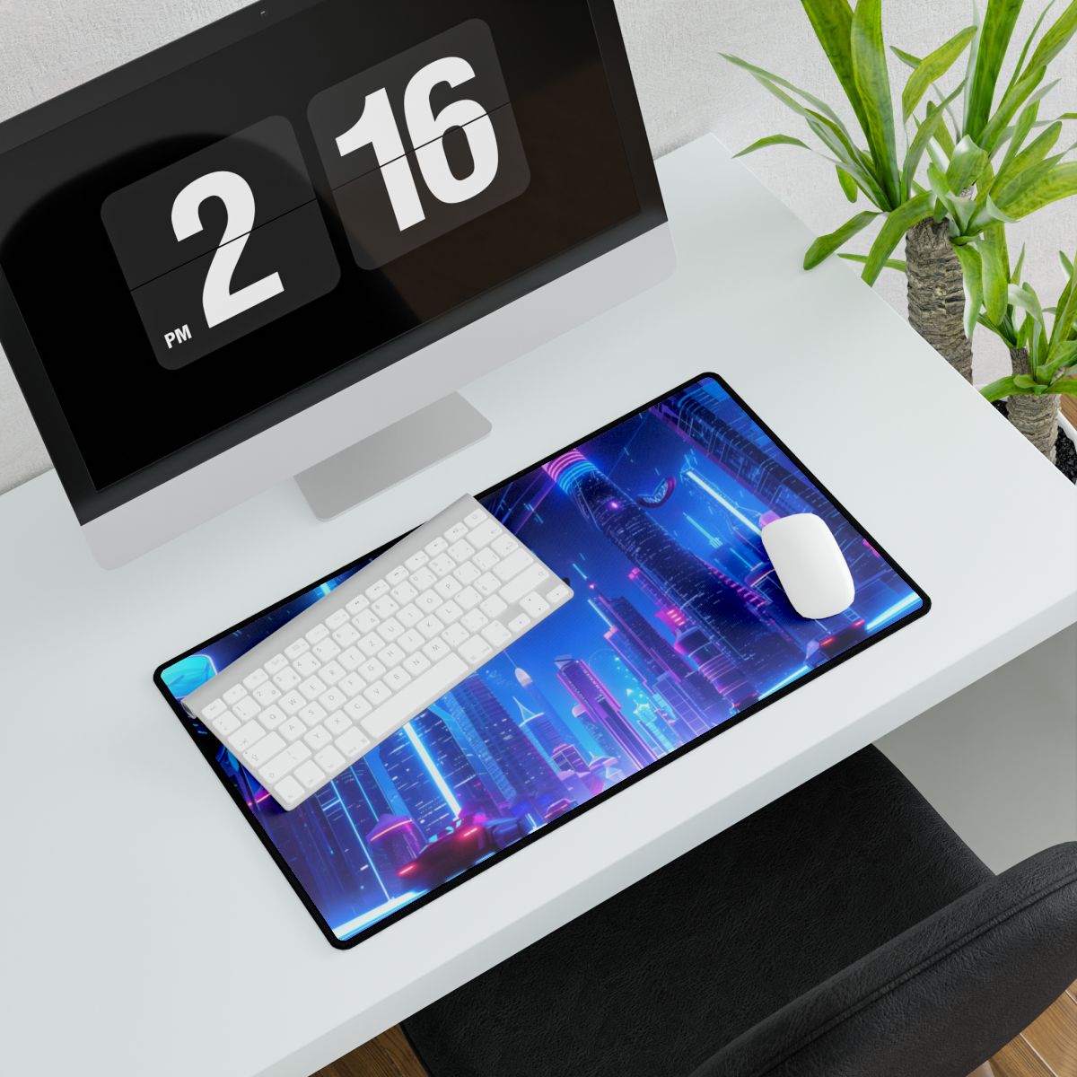 Vibrant Futuristic Cityscape: Neon Lights at Night Digital Artwork - Desk Mat