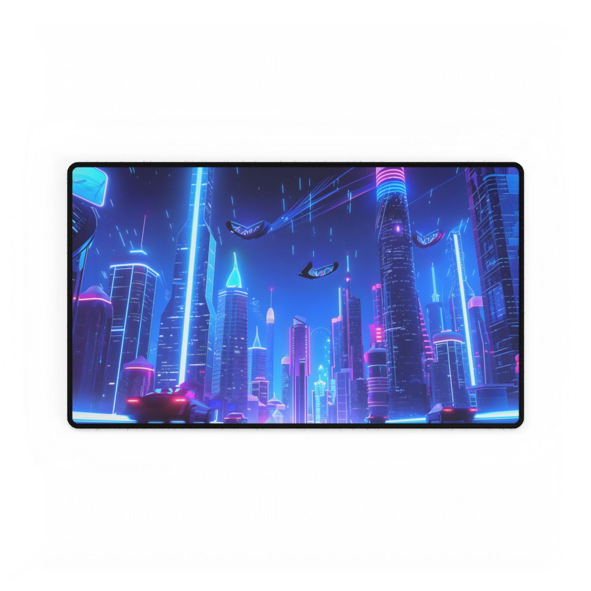 Vibrant Futuristic Cityscape: Neon Lights at Night Digital Artwork - Desk Mat
