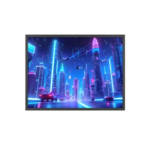Neon Skyline with Flying Cars Framed Poster