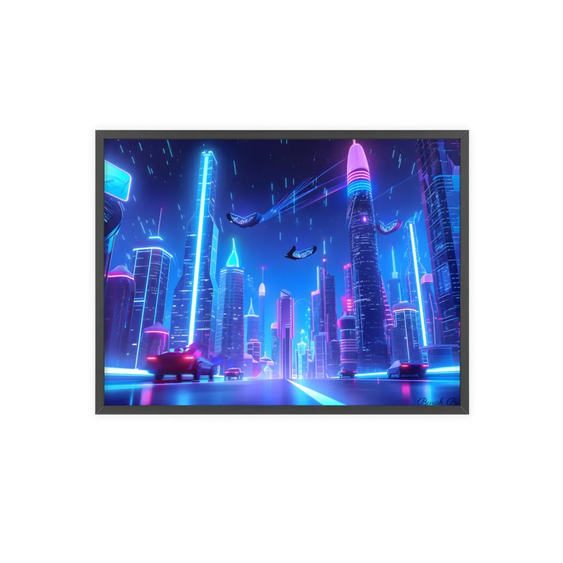 Vibrant Futuristic Cityscape: Neon Lights at Night - Framed Poster