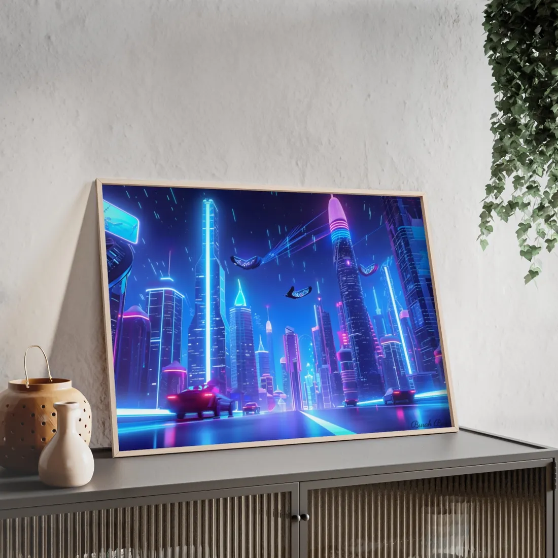 Vibrant Futuristic Cityscape: Neon Lights at Night - Framed Poster