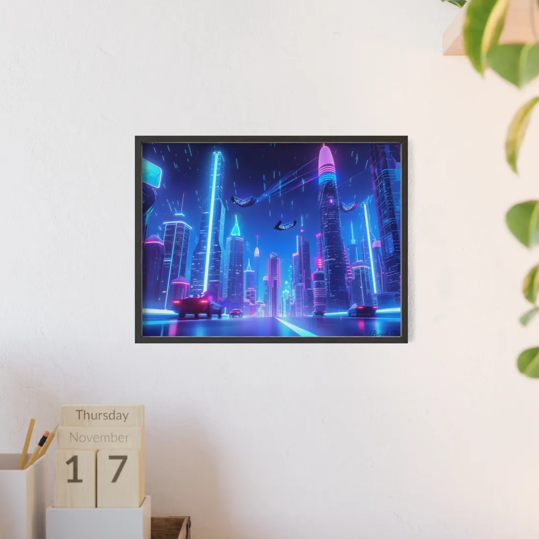 Vibrant Futuristic Cityscape: Neon Lights at Night - Framed Poster