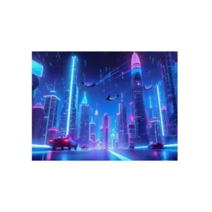 Neon Skyline with Flying Cars Metal Poster