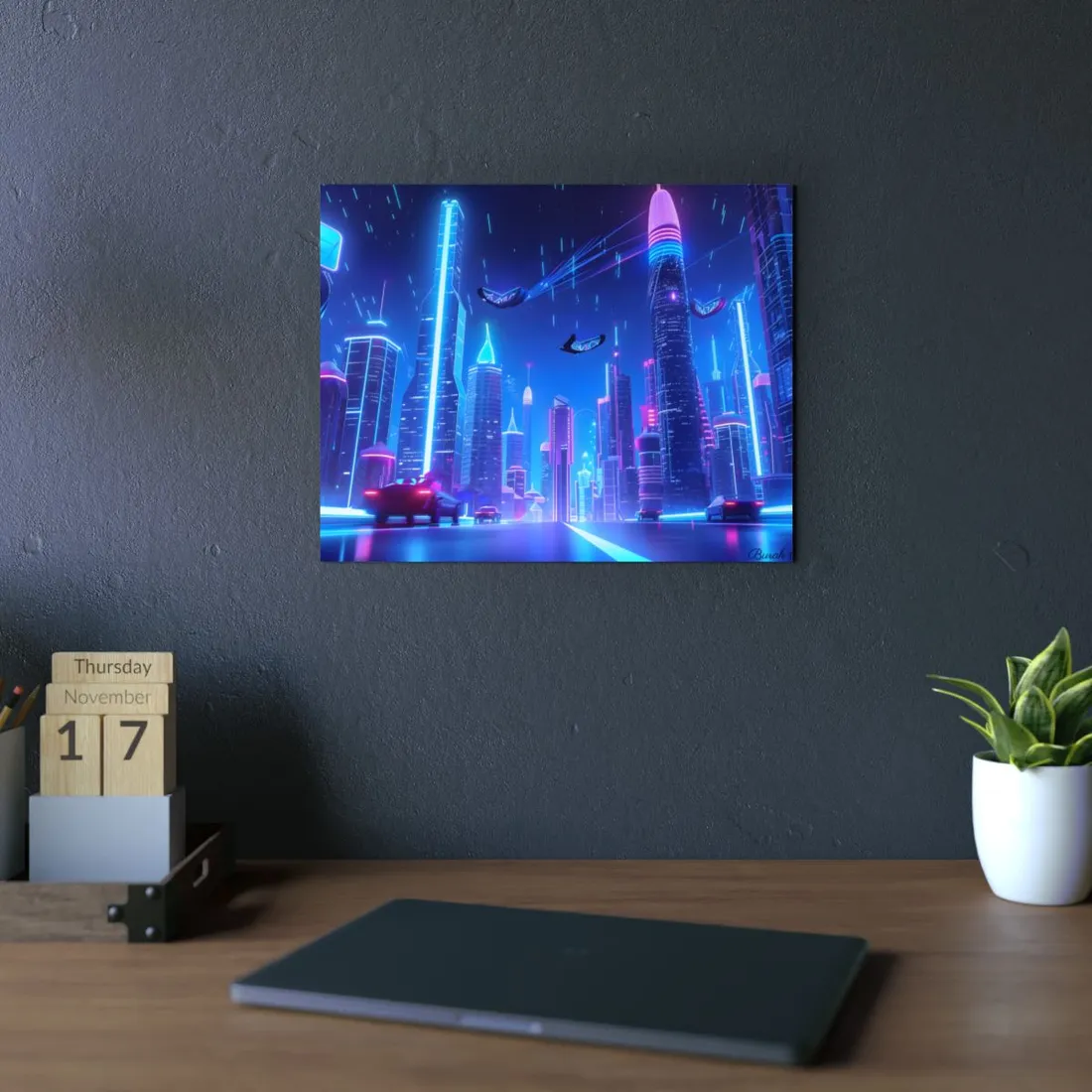 Vibrant Futuristic Cityscape: Neon Lights at Night - Metal Poster
