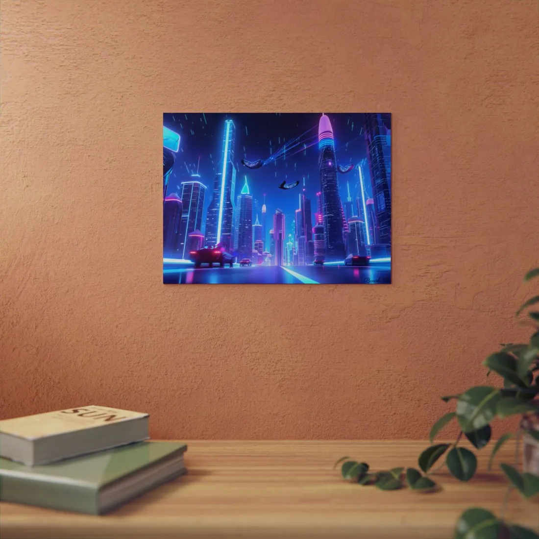 Vibrant Futuristic Cityscape: Neon Lights at Night - Metal Poster