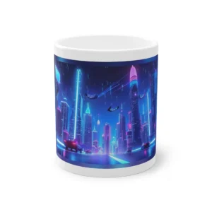 Neon Skyline with Flying Cars Mug