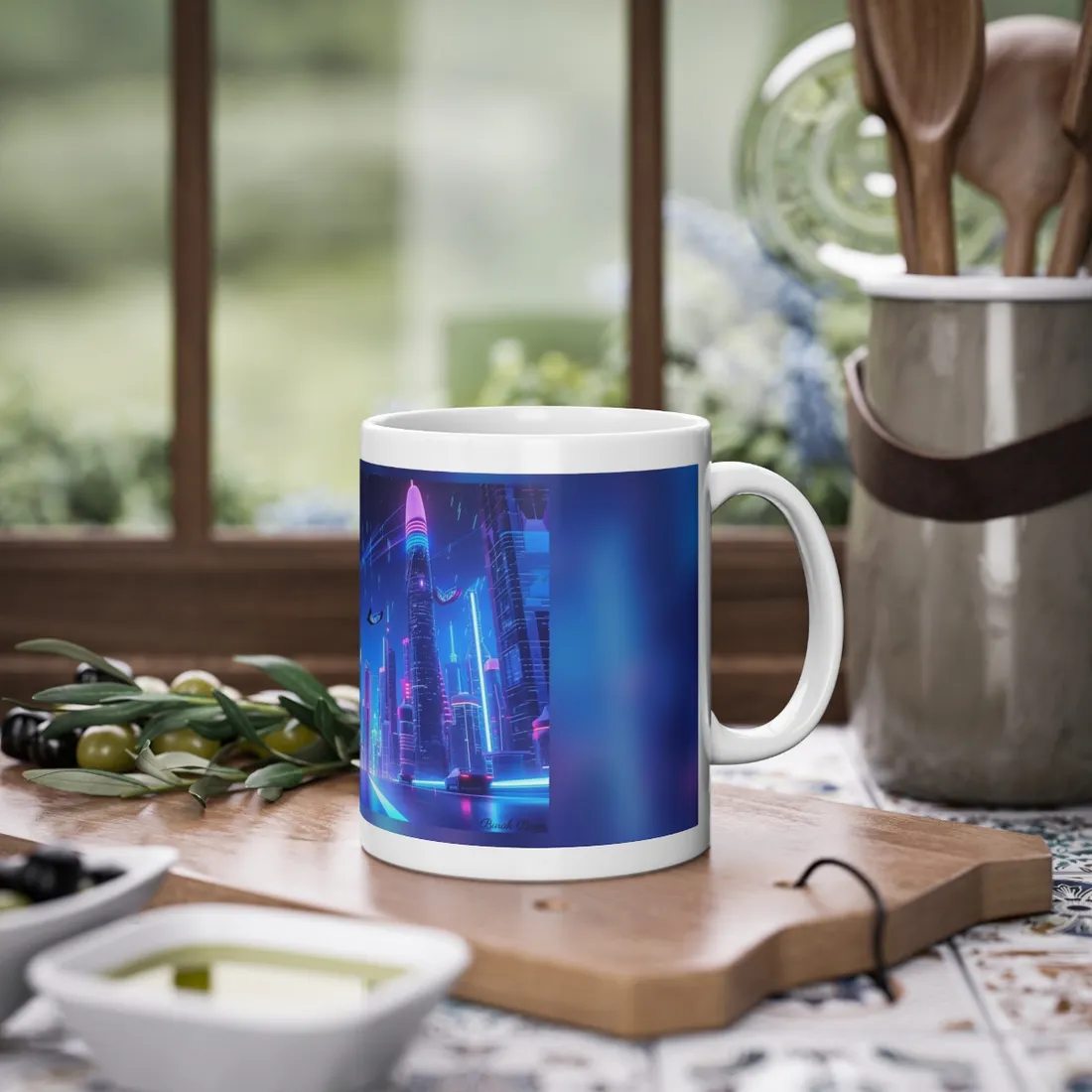 Vibrant Futuristic Cityscape: Neon Lights at Night - Mug