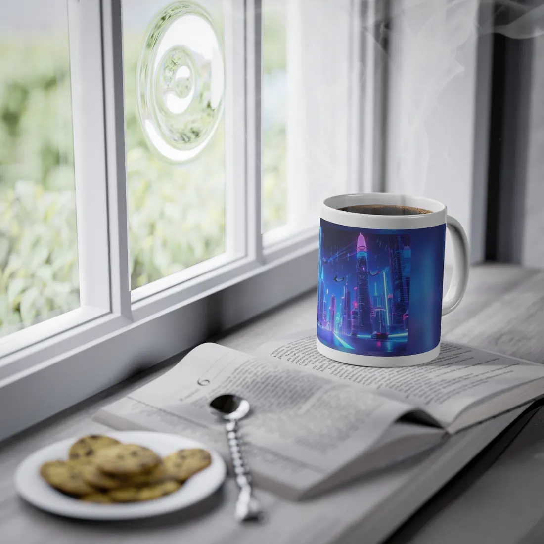 Vibrant Futuristic Cityscape: Neon Lights at Night - Mug