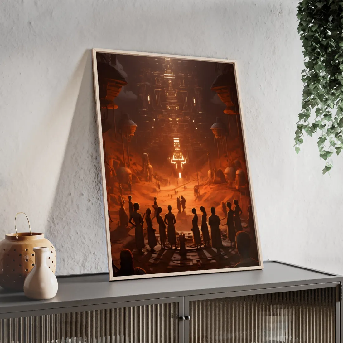 Vibrant Futuristic Tribal Gathering: Digital Art - Framed Poster