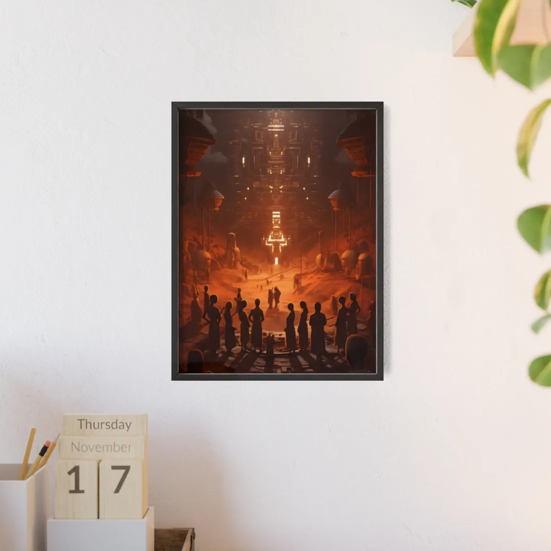Vibrant Futuristic Tribal Gathering: Digital Art - Framed Poster