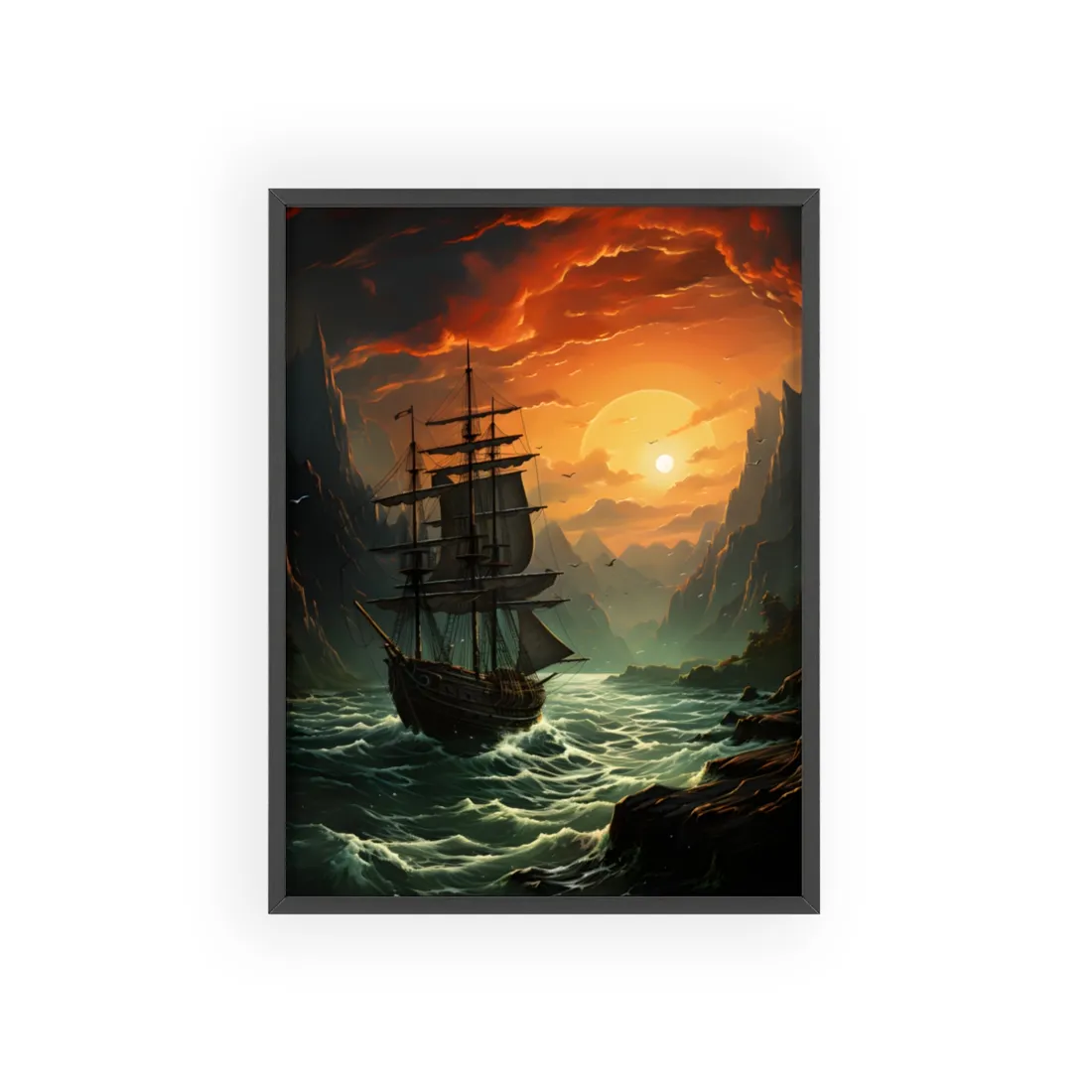 Vibrant Green Sails: Magical Oil Painting of a Majestic Ship - Framed Poster