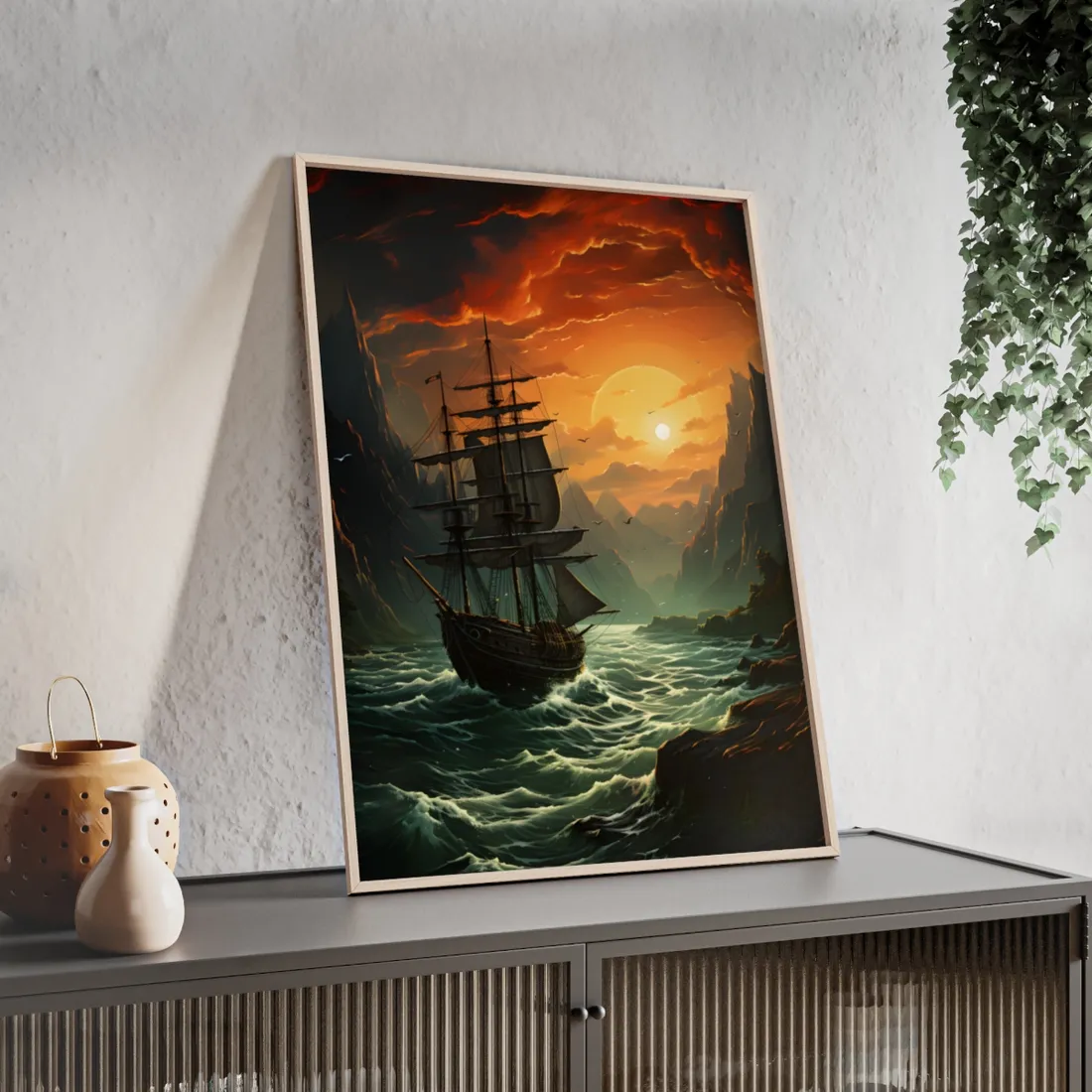 Vibrant Green Sails: Magical Oil Painting of a Majestic Ship - Framed Poster