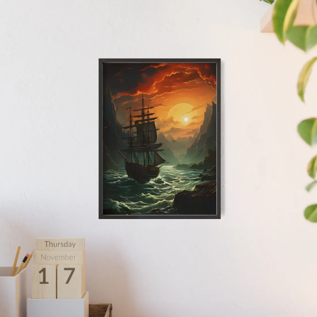 Vibrant Green Sails: Magical Oil Painting of a Majestic Ship - Framed Poster