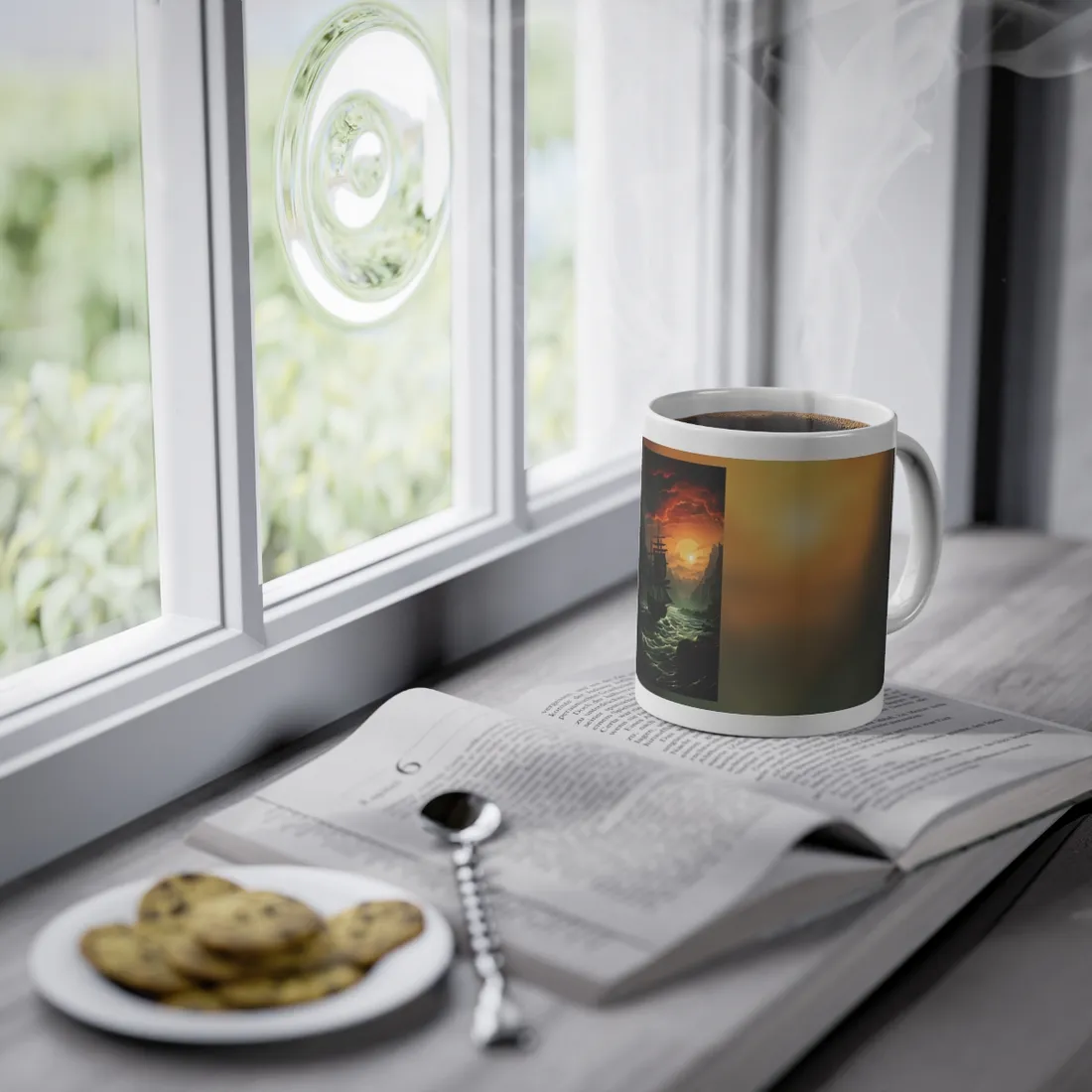 Vibrant Green Sails: Magical Oil Painting of a Majestic Ship - Mug