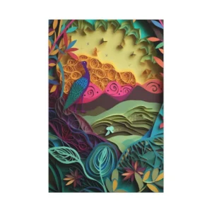 Peacock in Paper-Cut Landscape Canvas Print