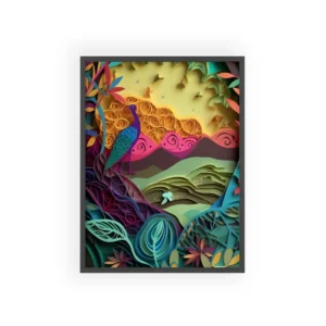 Peacock in Paper-Cut Landscape Framed Poster