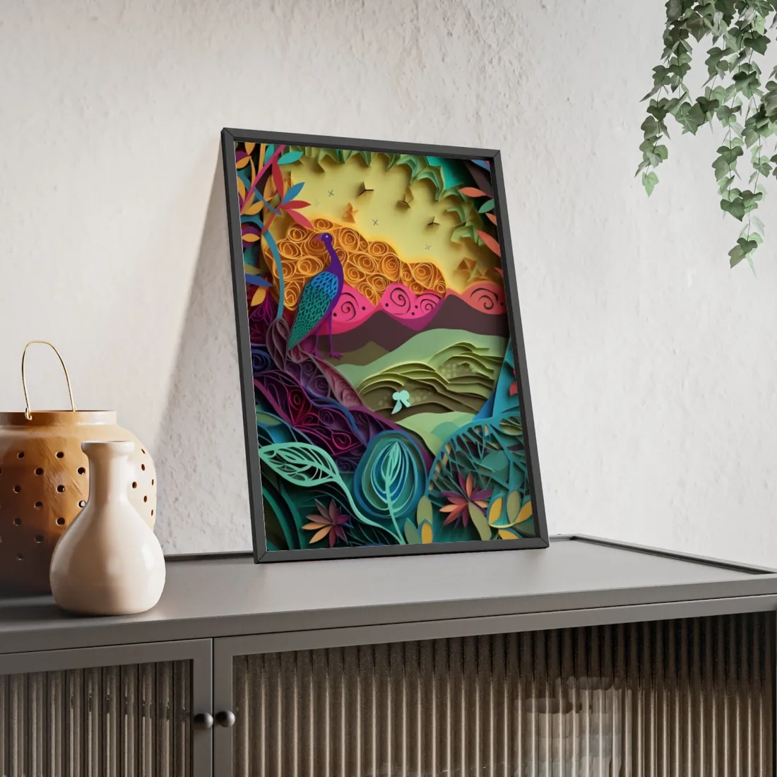 Vibrant Indian Quilling Art: Traditional Landscape Decoration - Framed Poster