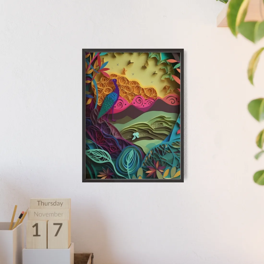 Vibrant Indian Quilling Art: Traditional Landscape Decoration - Framed Poster