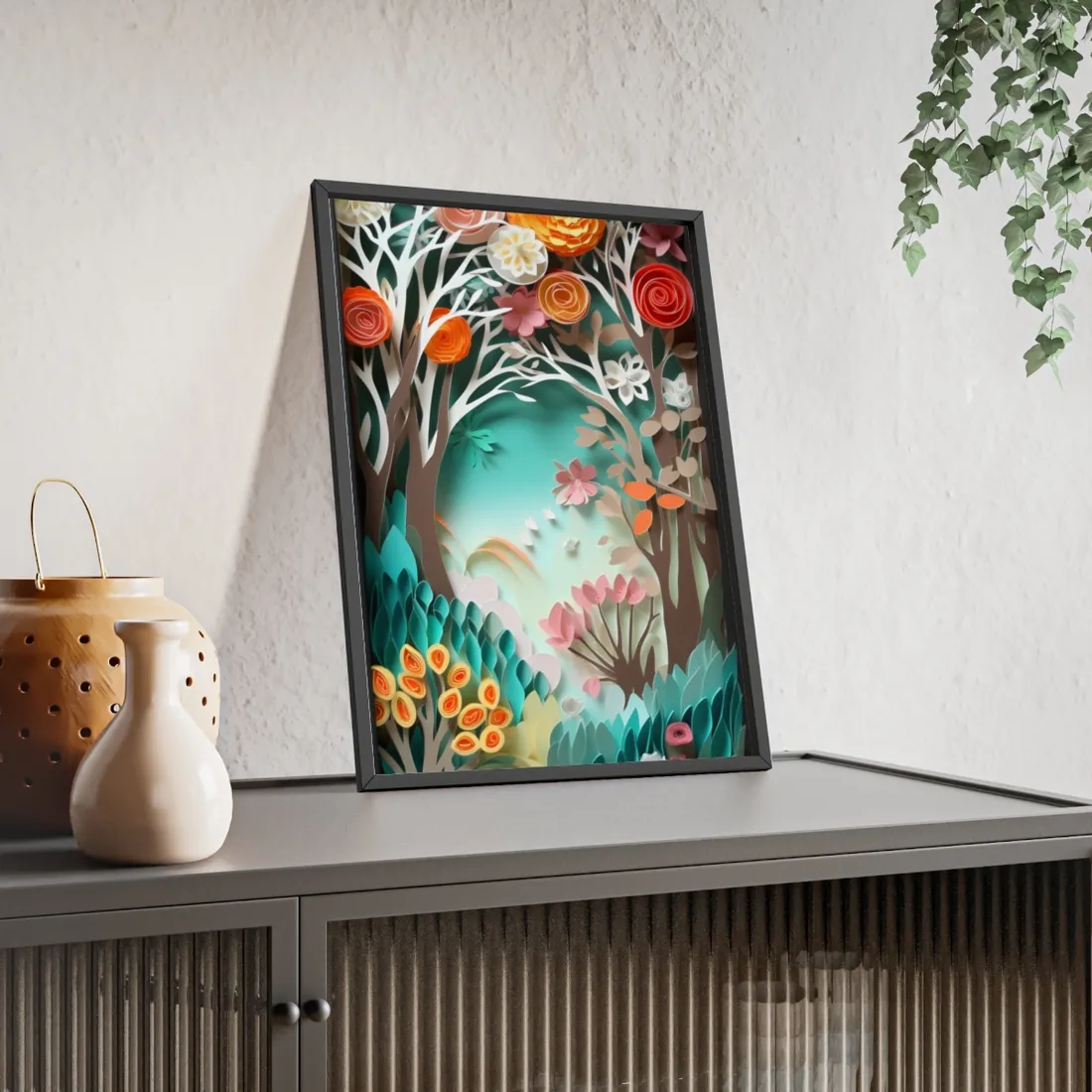 Vibrant Japanese Paper Quilled Landscape: Serene Blue River Scene - Framed Poster