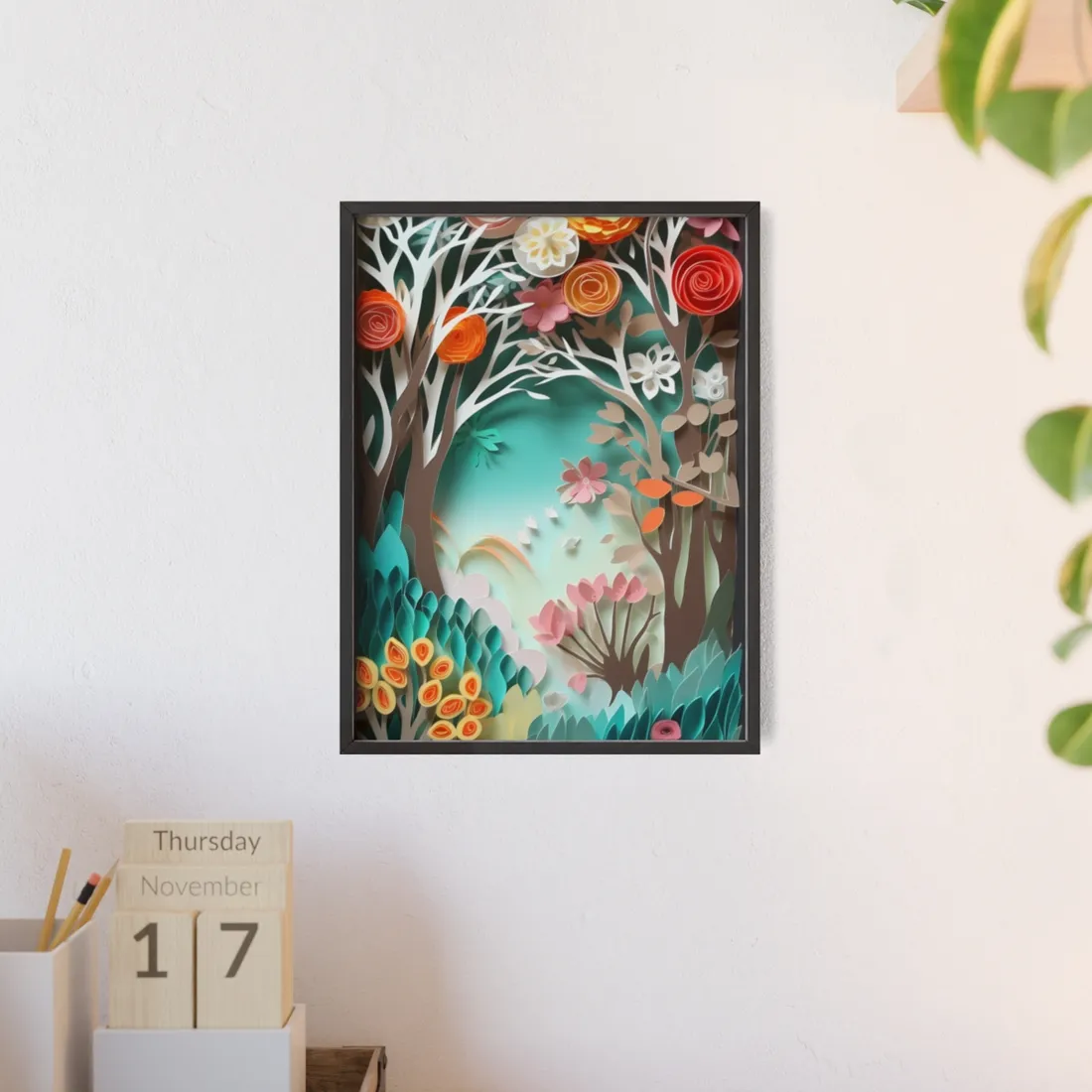 Vibrant Japanese Paper Quilled Landscape: Serene Blue River Scene - Framed Poster