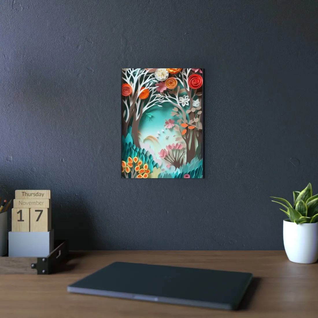 Vibrant Japanese Paper Quilled Landscape: Serene Blue River Scene - Metal Poster