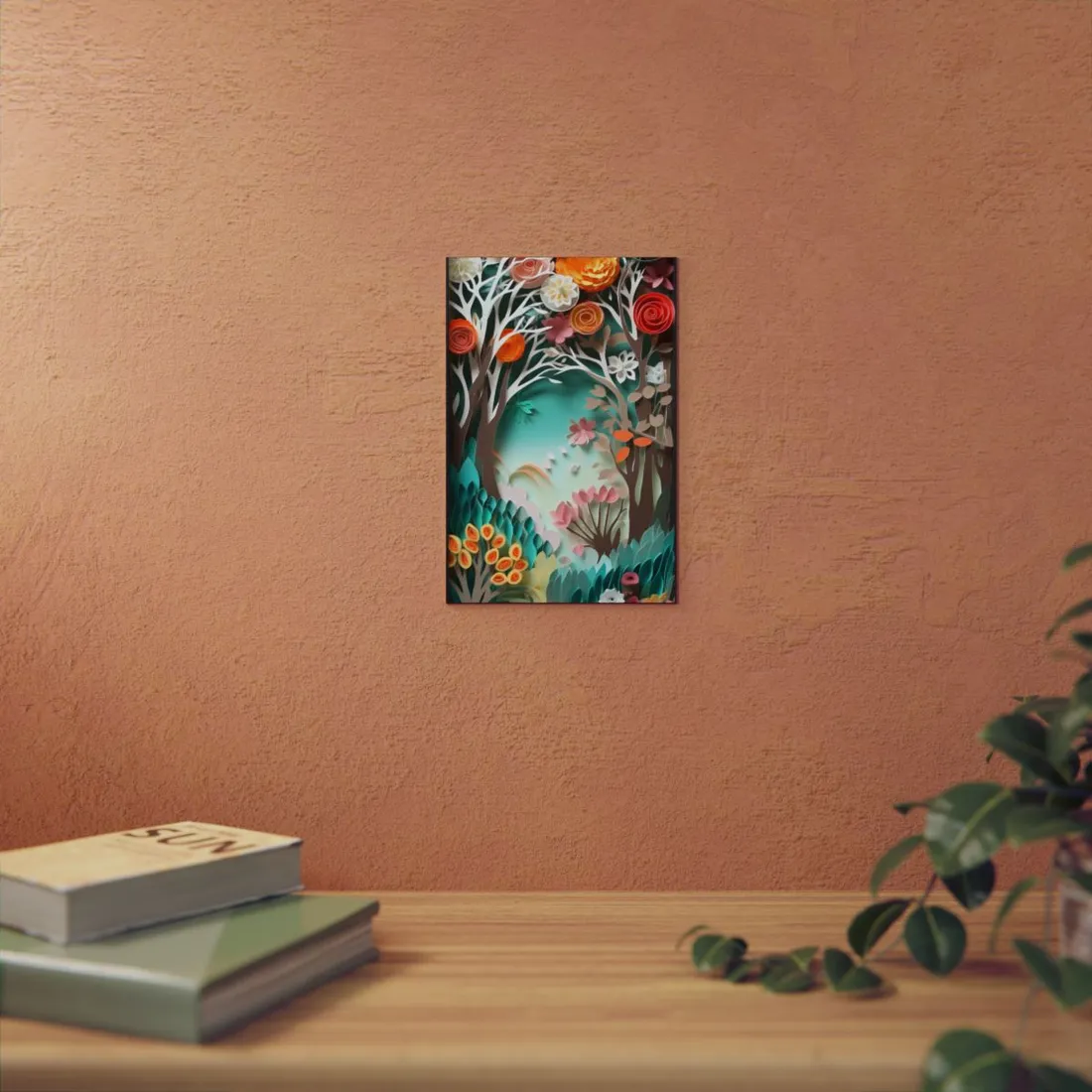 Vibrant Japanese Paper Quilled Landscape: Serene Blue River Scene - Metal Poster