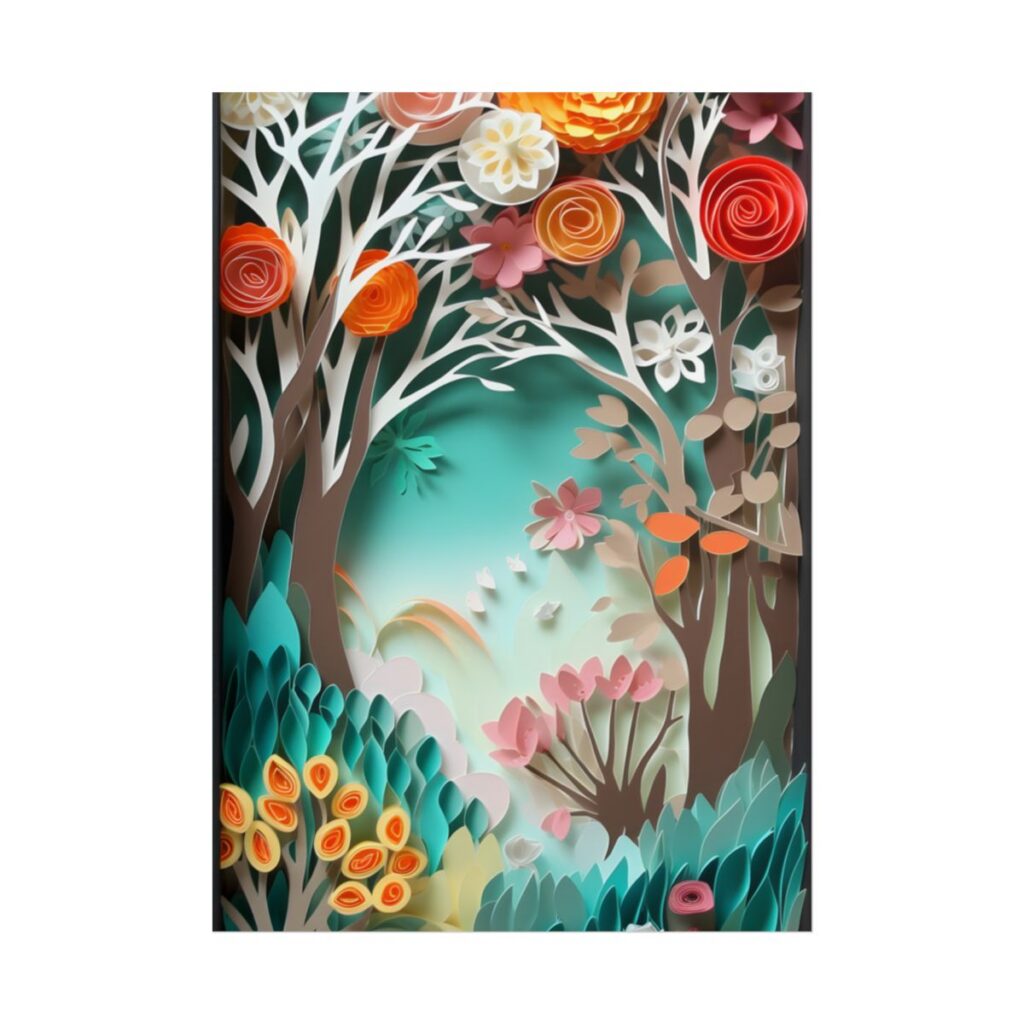Vibrant Japanese Paper Quilled Landscape: Serene Blue River Scene - Poster