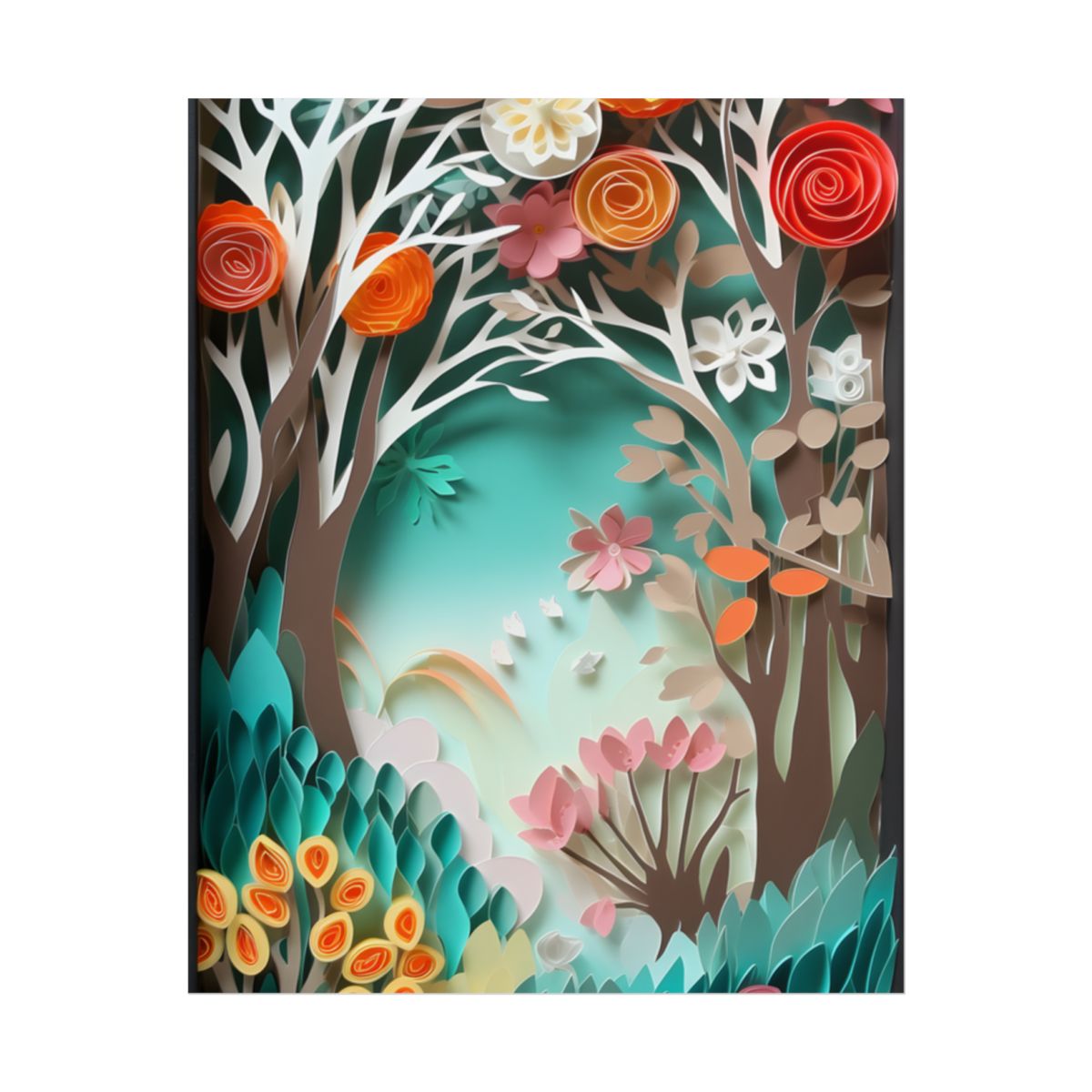 Vibrant Japanese Paper Quilled Landscape: Serene Blue River Scene - Poster