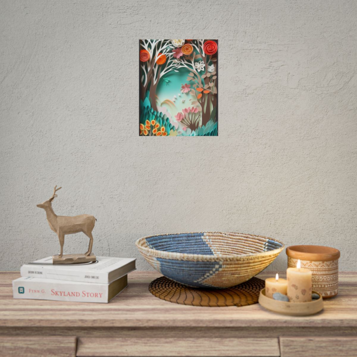 Vibrant Japanese Paper Quilled Landscape: Serene Blue River Scene - Poster