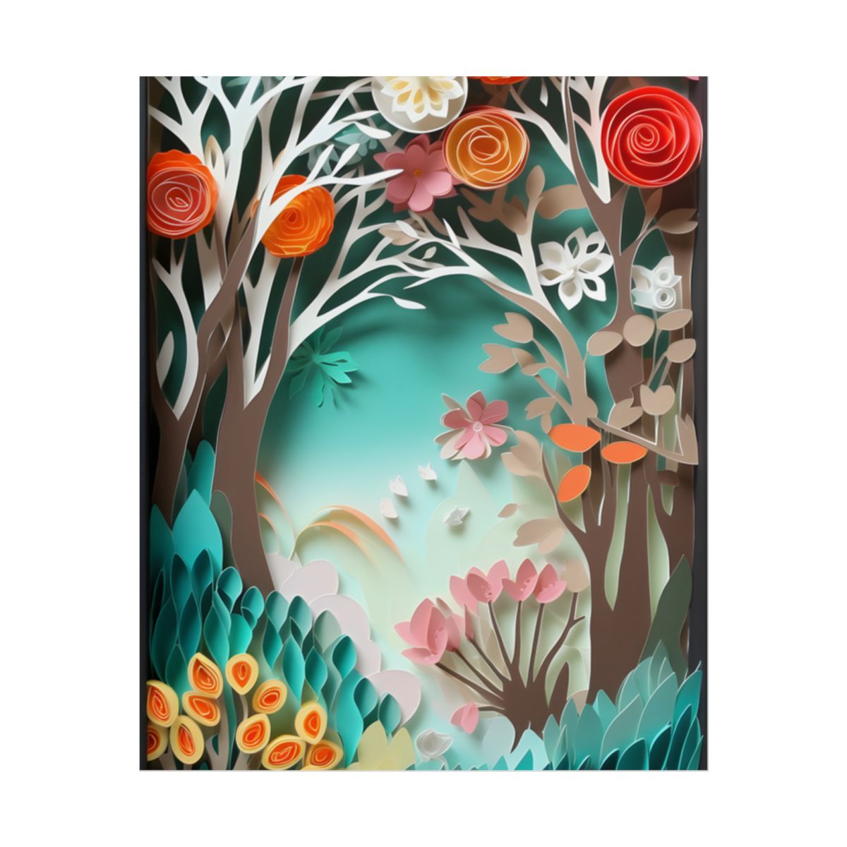 Vibrant Japanese Paper Quilled Landscape: Serene Blue River Scene - Poster