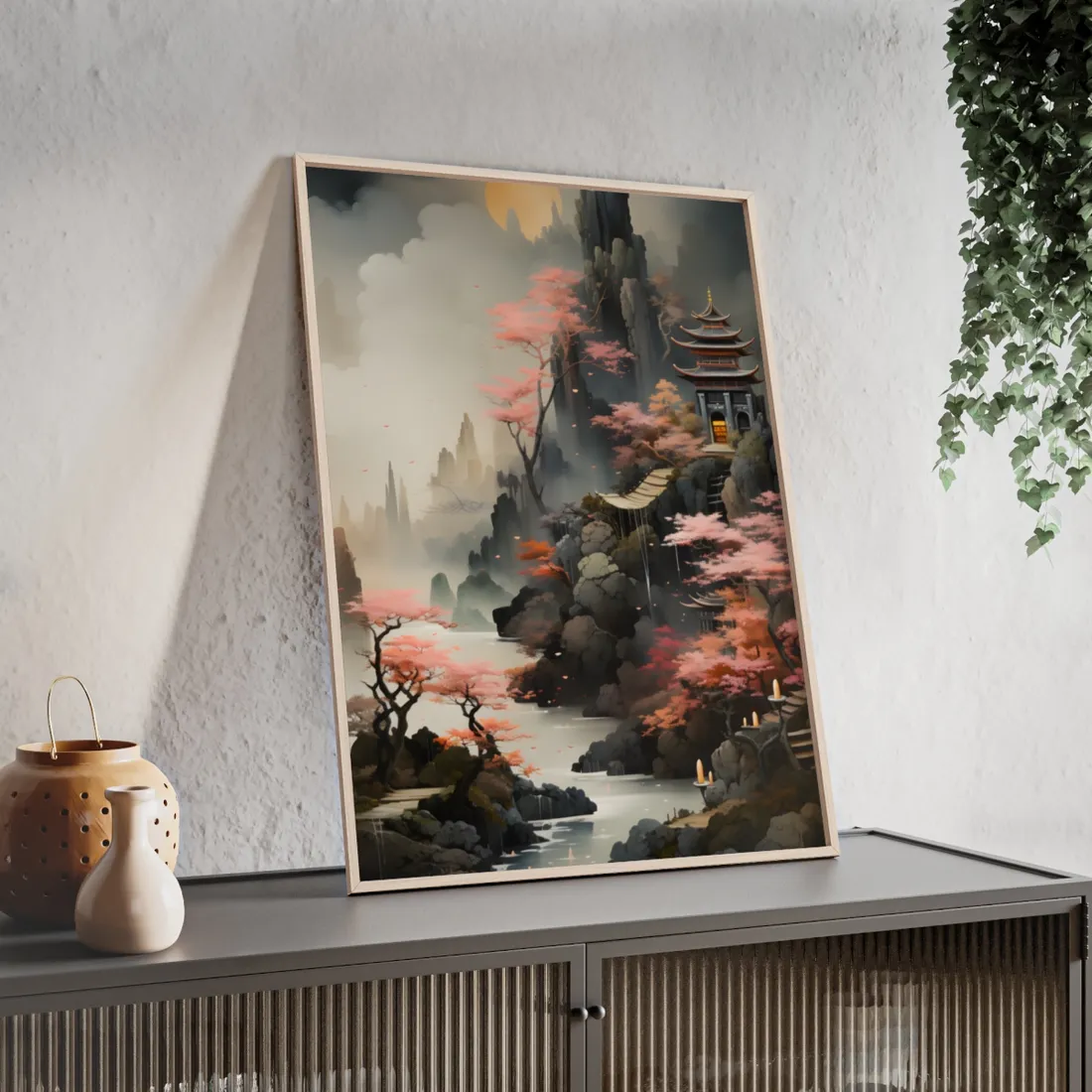 Vibrant Landscape in Moss Green: Ash Magenta - Framed Poster