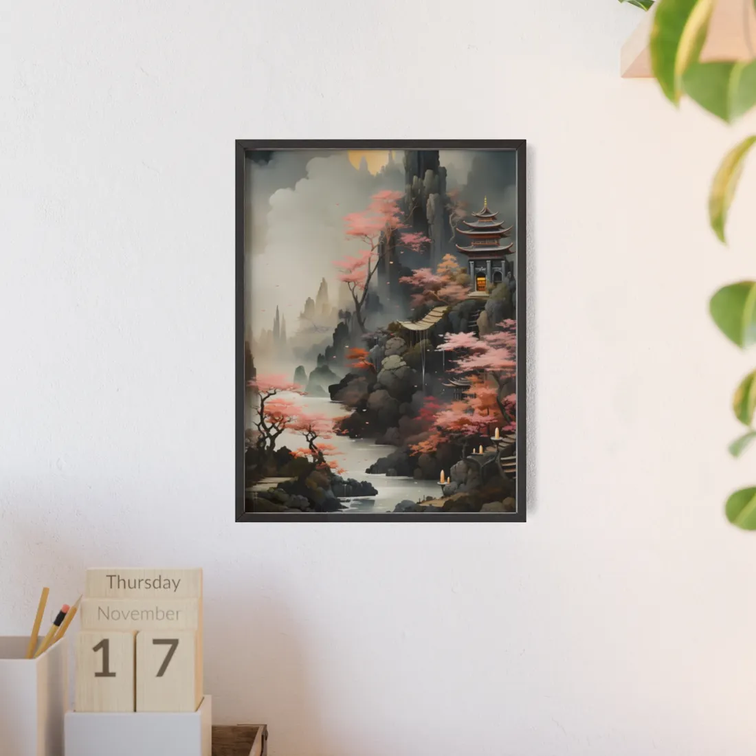 Vibrant Landscape in Moss Green: Ash Magenta - Framed Poster