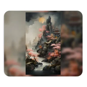 Misty Mountain Pagoda Landscape Mouse Pad